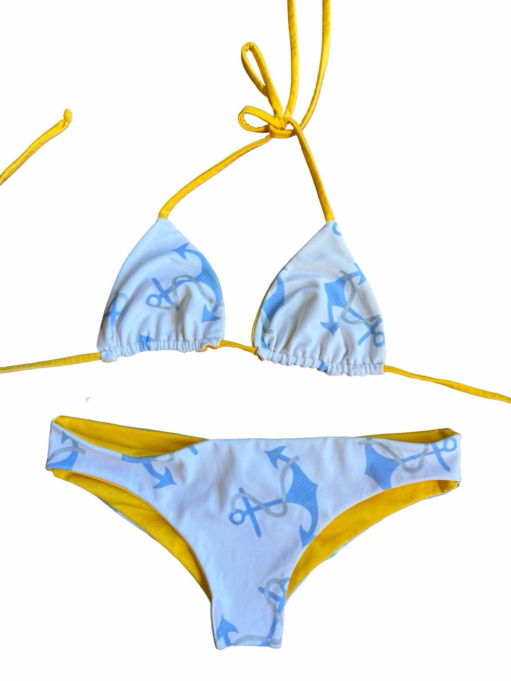 Small Anchor Print Two-Piece Bikini - Yellow & Light Blue reversible